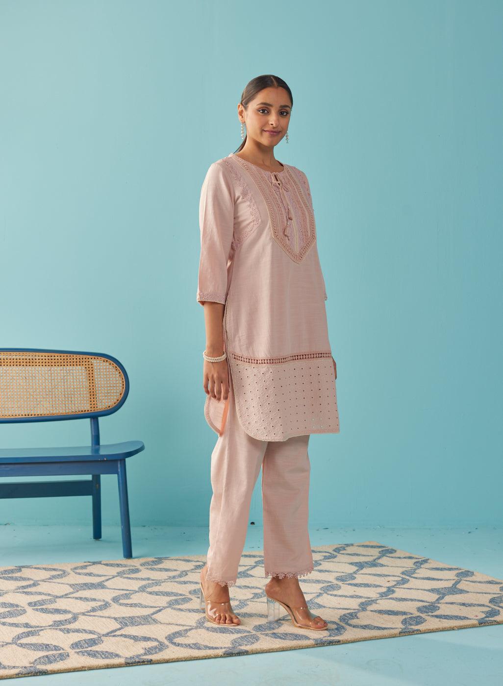 Solid Peach Textured Kurta Set with Schiffli & Lace Work - Lakshita