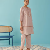 Solid Peach Textured Kurta Set with Schiffli & Lace Work - Lakshita