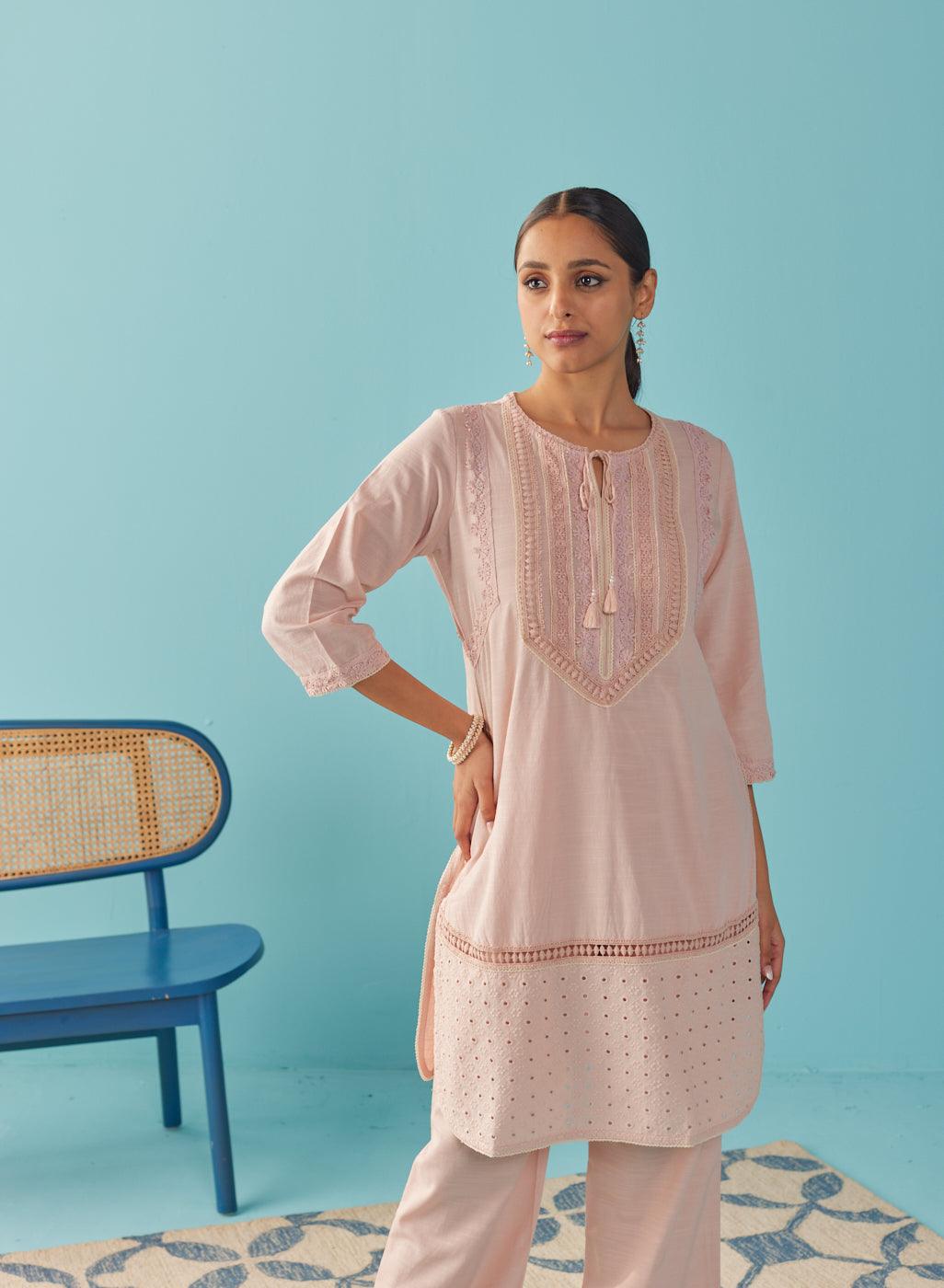 Solid Peach Textured Kurta Set with Schiffli & Lace Work - Lakshita