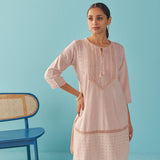 Solid Peach Textured Kurta Set with Schiffli & Lace Work - Lakshita