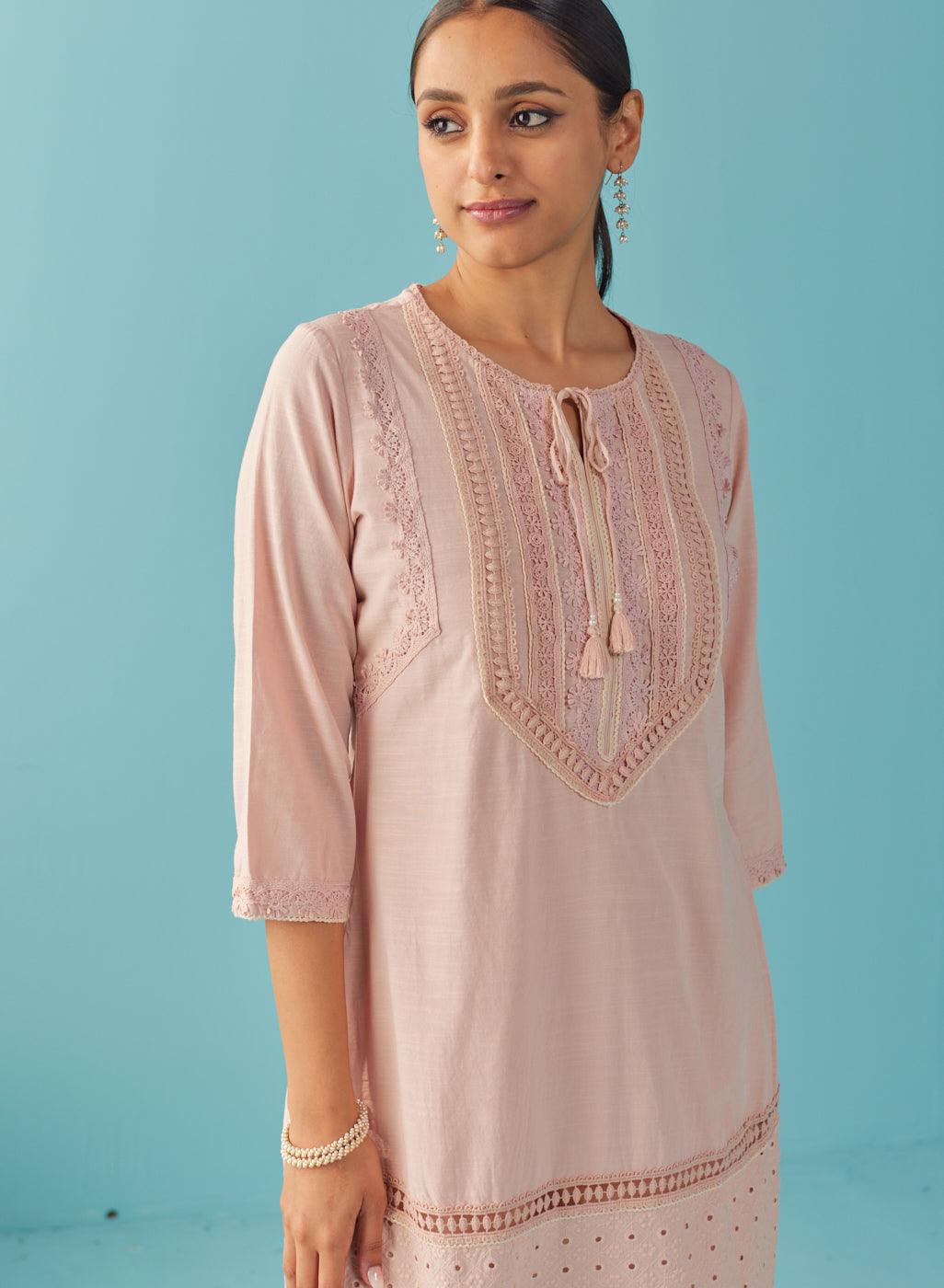 Solid Peach Textured Kurta Set with Schiffli & Lace Work - Lakshita