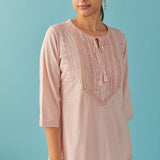 Solid Peach Textured Kurta Set with Schiffli & Lace Work - Lakshita