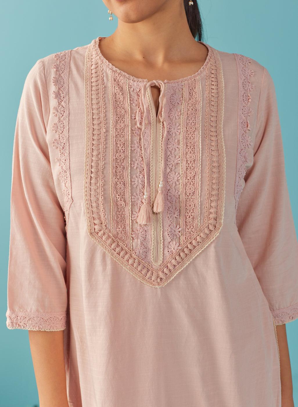 Solid Peach Textured Kurta Set with Schiffli & Lace Work - Lakshita