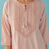 Solid Peach Textured Kurta Set with Schiffli & Lace Work - Lakshita