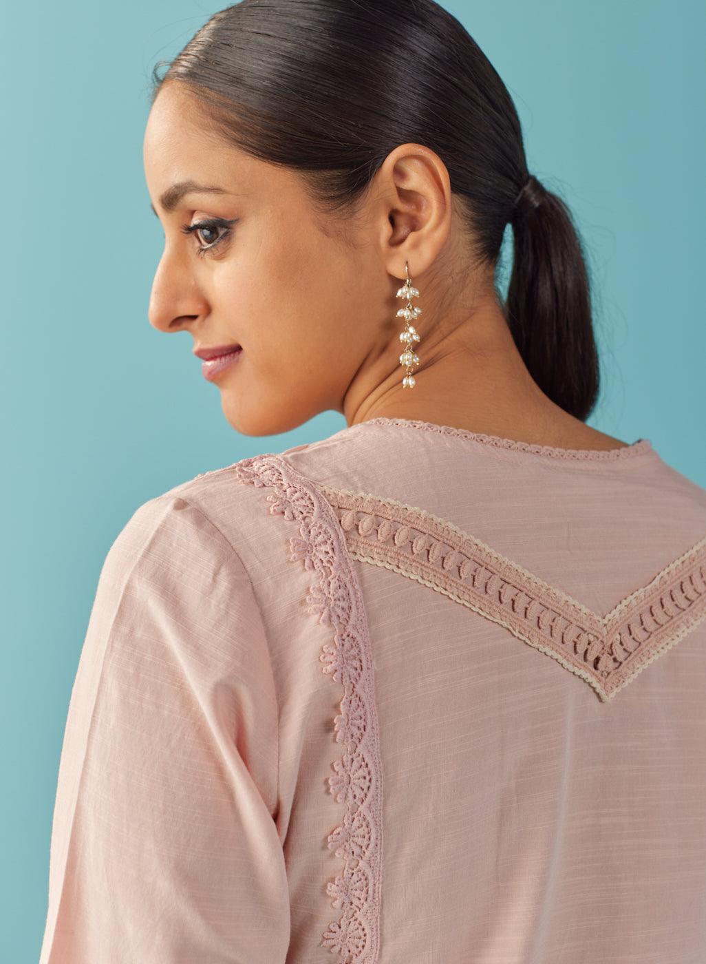 Solid Peach Textured Kurta Set with Schiffli & Lace Work - Lakshita