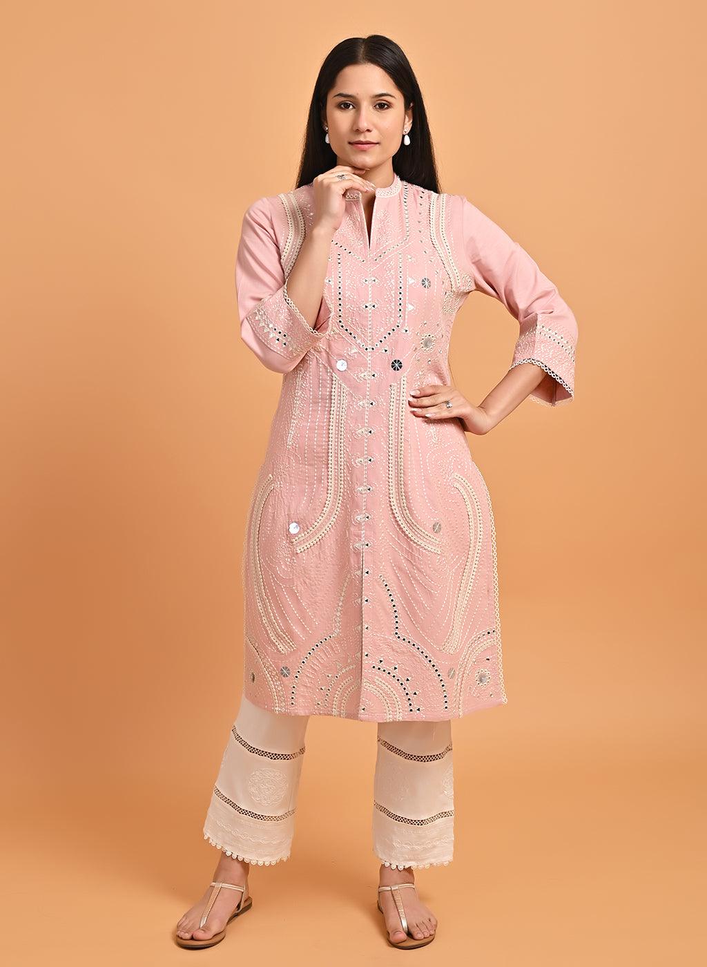 Pink Straight Embroidered Kurta with 3/4th Sleeves - Lakshita