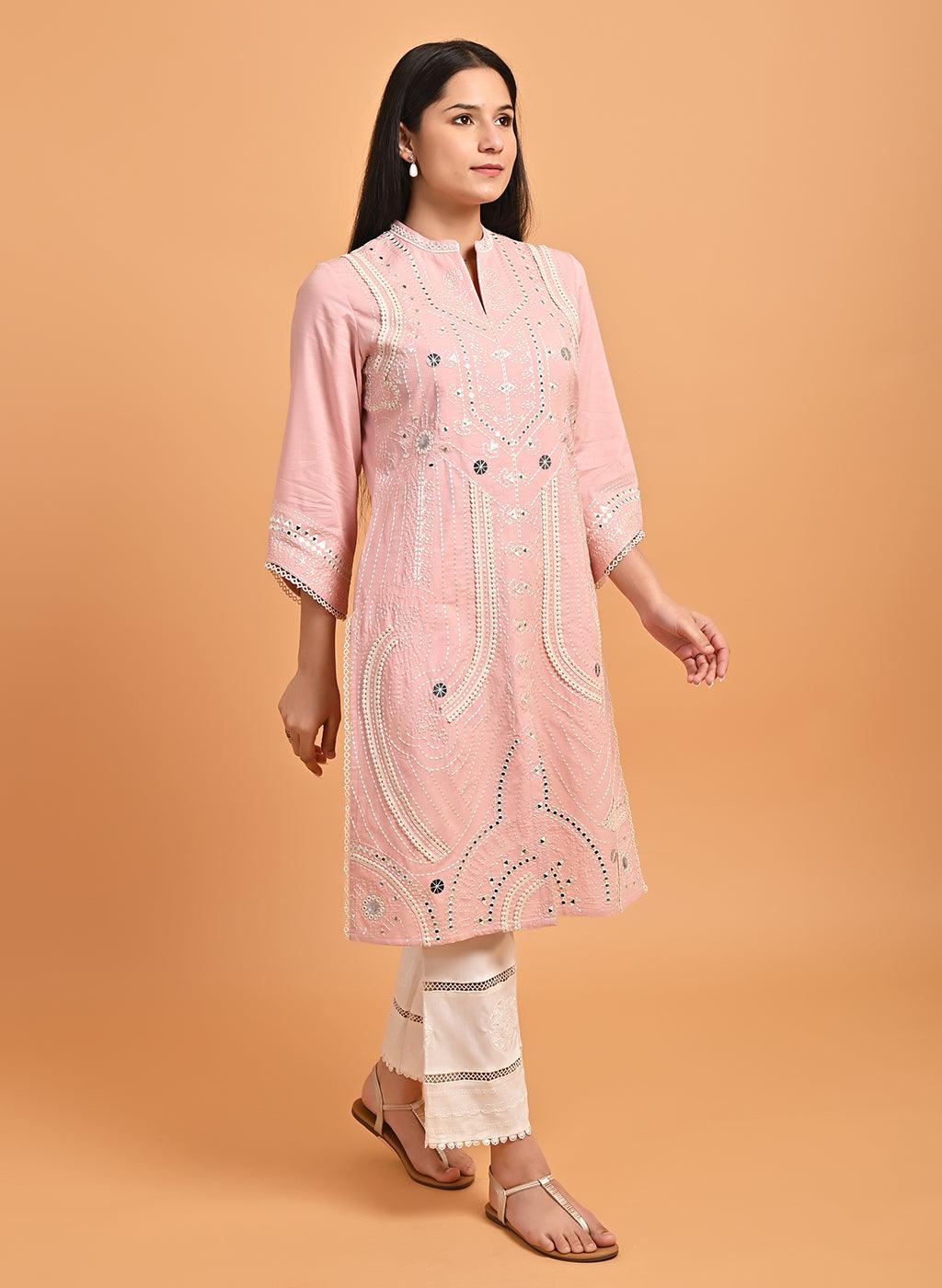 Pink Straight Embroidered Kurta with 3/4th Sleeves - Lakshita