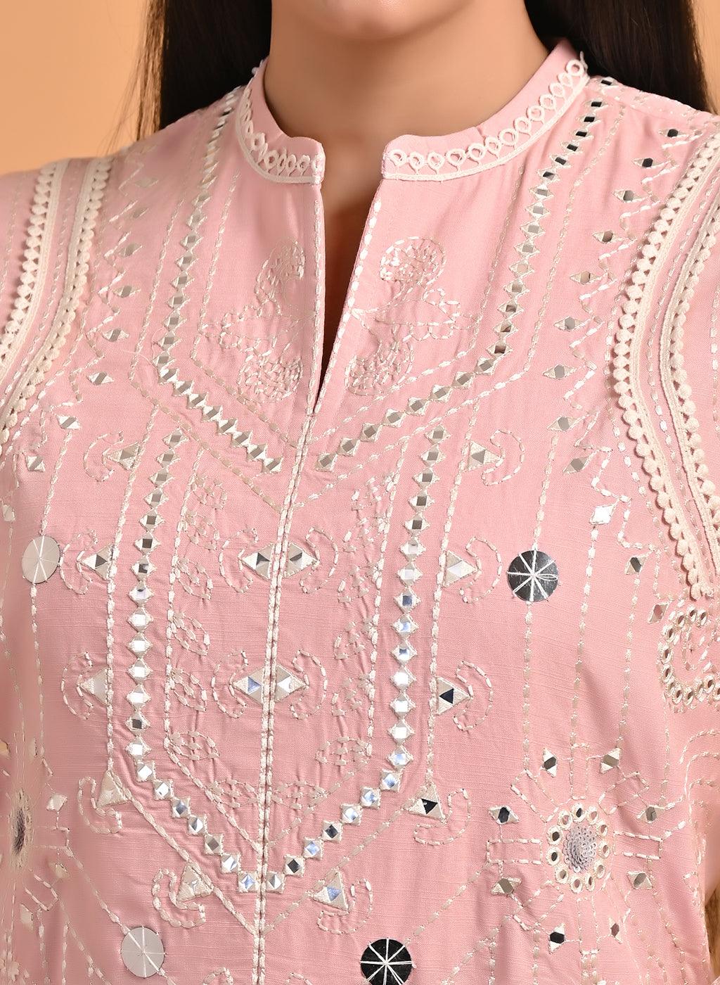 Pink Straight Embroidered Kurta with 3/4th Sleeves - Lakshita