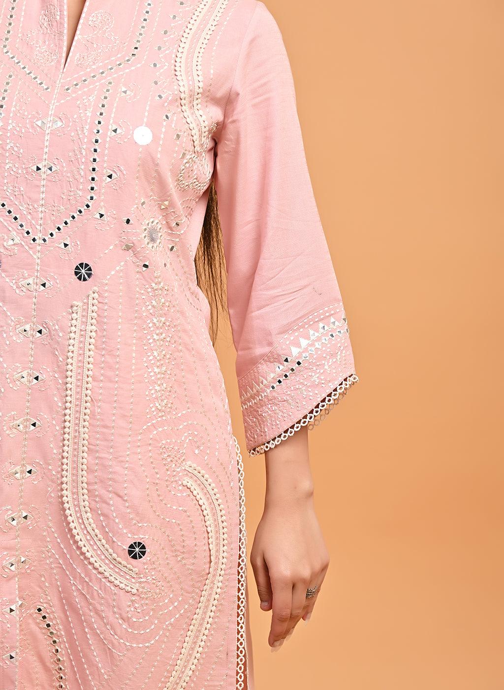 Pink Straight Embroidered Kurta with 3/4th Sleeves - Lakshita