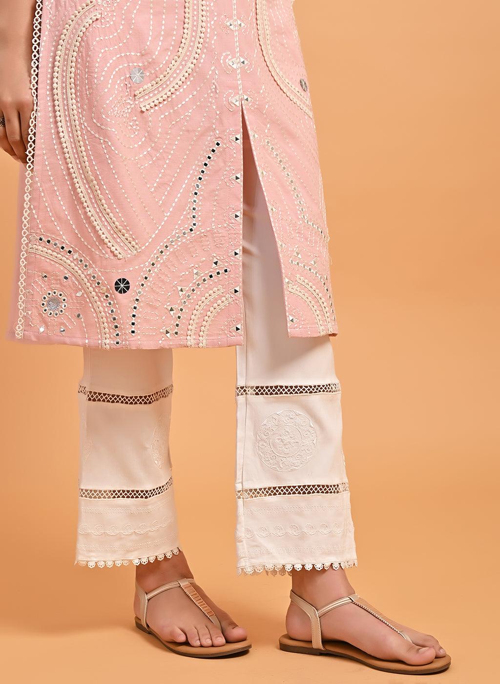 Pink Straight Embroidered Kurta with 3/4th Sleeves - Lakshita