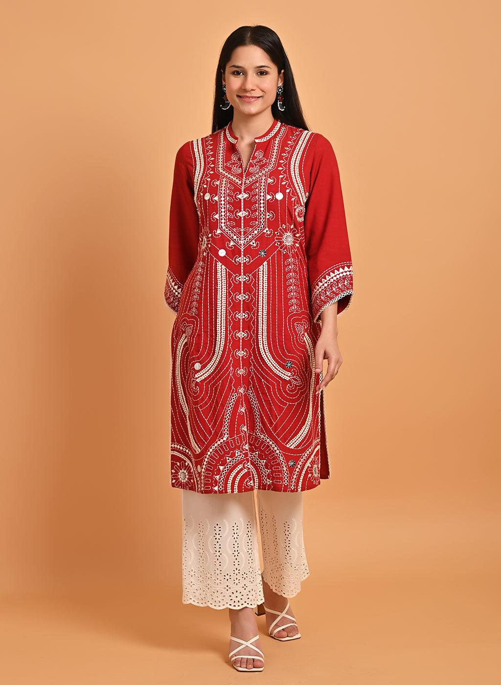 Red Straight Embroidered Kurta with 3/4th Sleeves - Lakshita