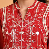 Red Straight Embroidered Kurta with 3/4th Sleeves - Lakshita