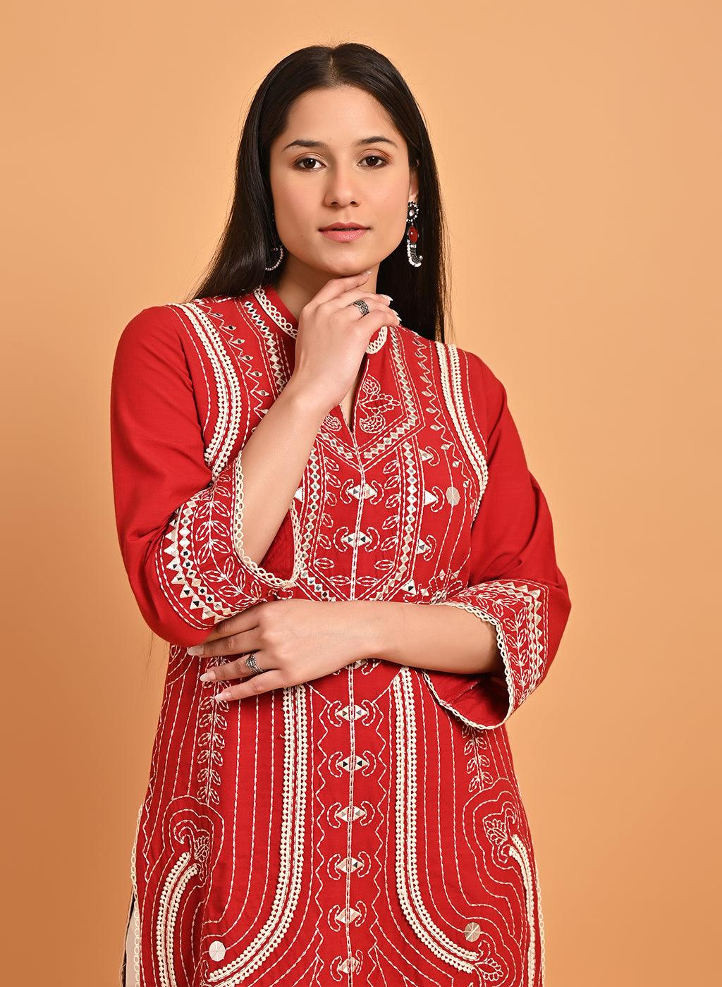 Red Straight Embroidered Kurta with 3/4th Sleeves - Lakshita