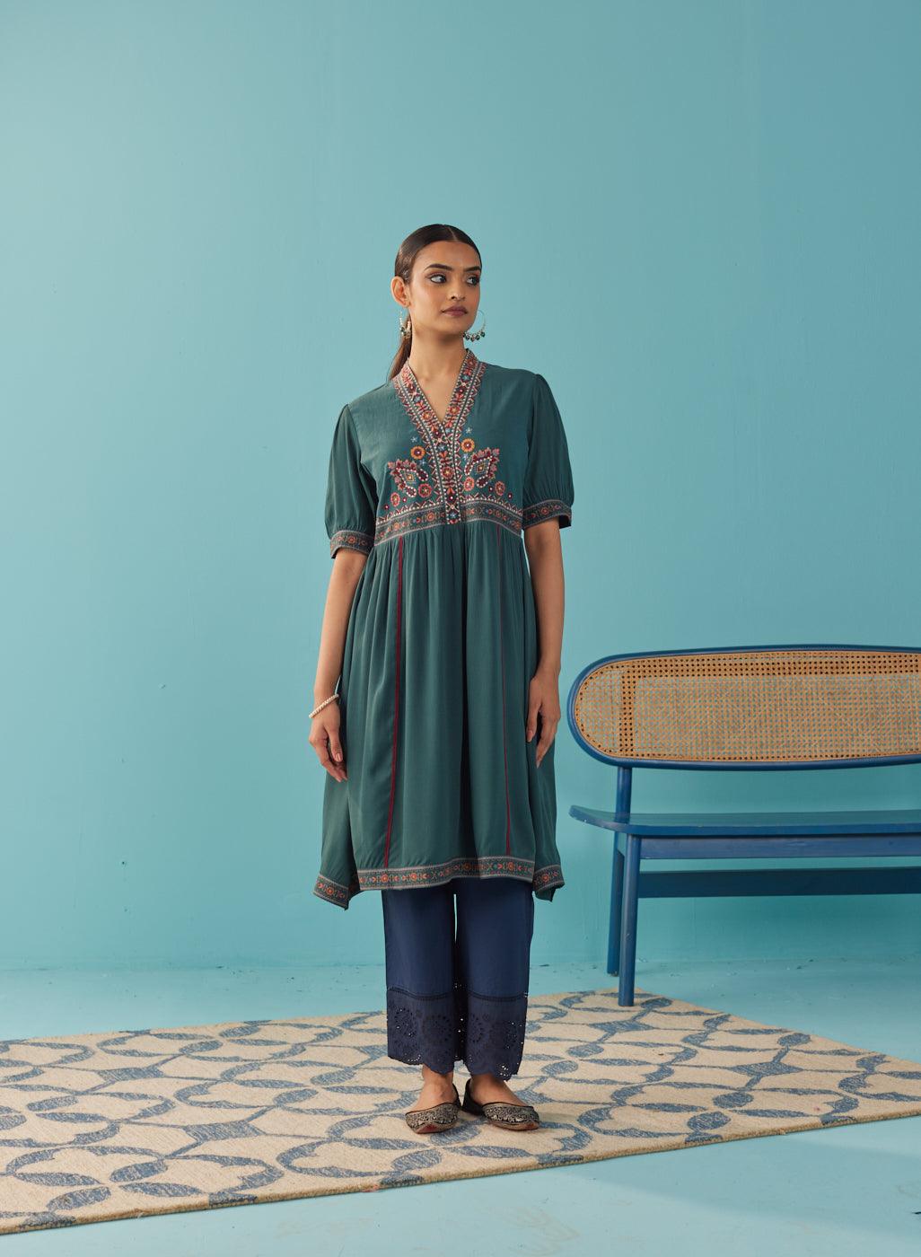 Green A Line Dress with Puffed Sleeve and Stylized Neck - Lakshita