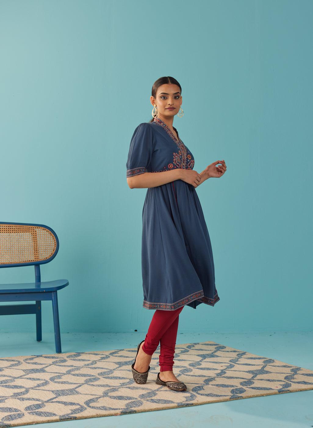 Blue A Line Dress with Puffed Sleeve and Stylized Neck - Lakshita