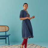 Blue A Line Dress with Puffed Sleeve and Stylized Neck - Lakshita