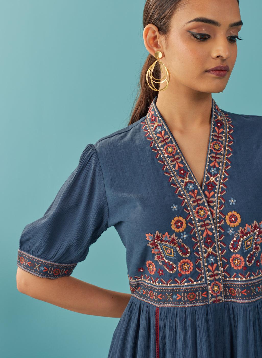 Blue A Line Dress with Puffed Sleeve and Stylized Neck - Lakshita