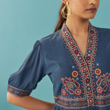 Blue A Line Dress with Puffed Sleeve and Stylized Neck - Lakshita