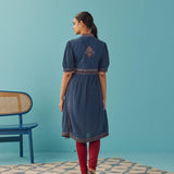 Blue A Line Dress with Puffed Sleeve and Stylized Neck - Lakshita