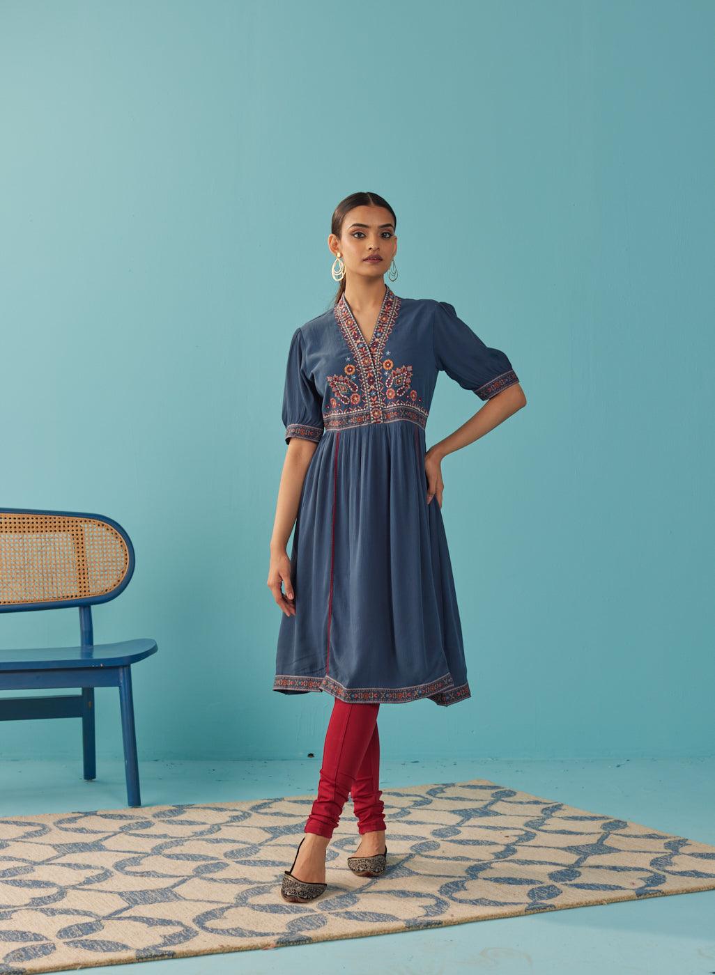 Blue A Line Dress with Puffed Sleeve and Stylized Neck - Lakshita