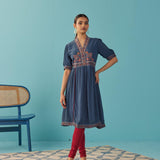 Blue A Line Dress with Puffed Sleeve and Stylized Neck - Lakshita