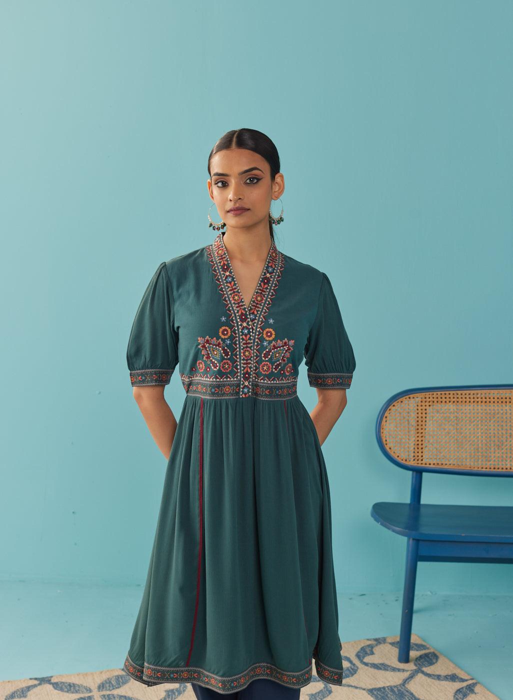 Green A Line Dress with Puffed Sleeve and Stylized Neck - Lakshita