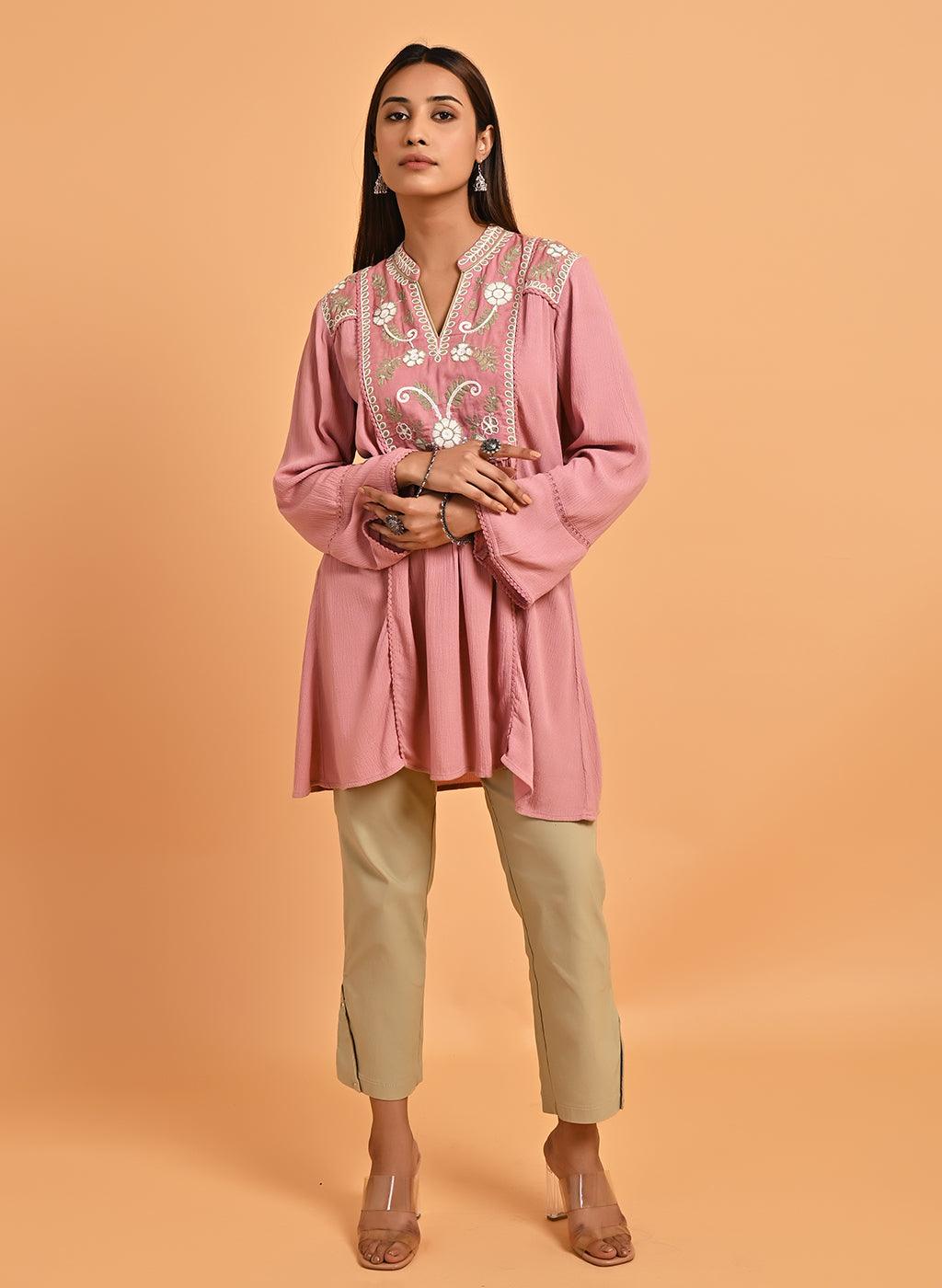 Pink Collared Tunic with Embroidery at Yoke - Lakshita