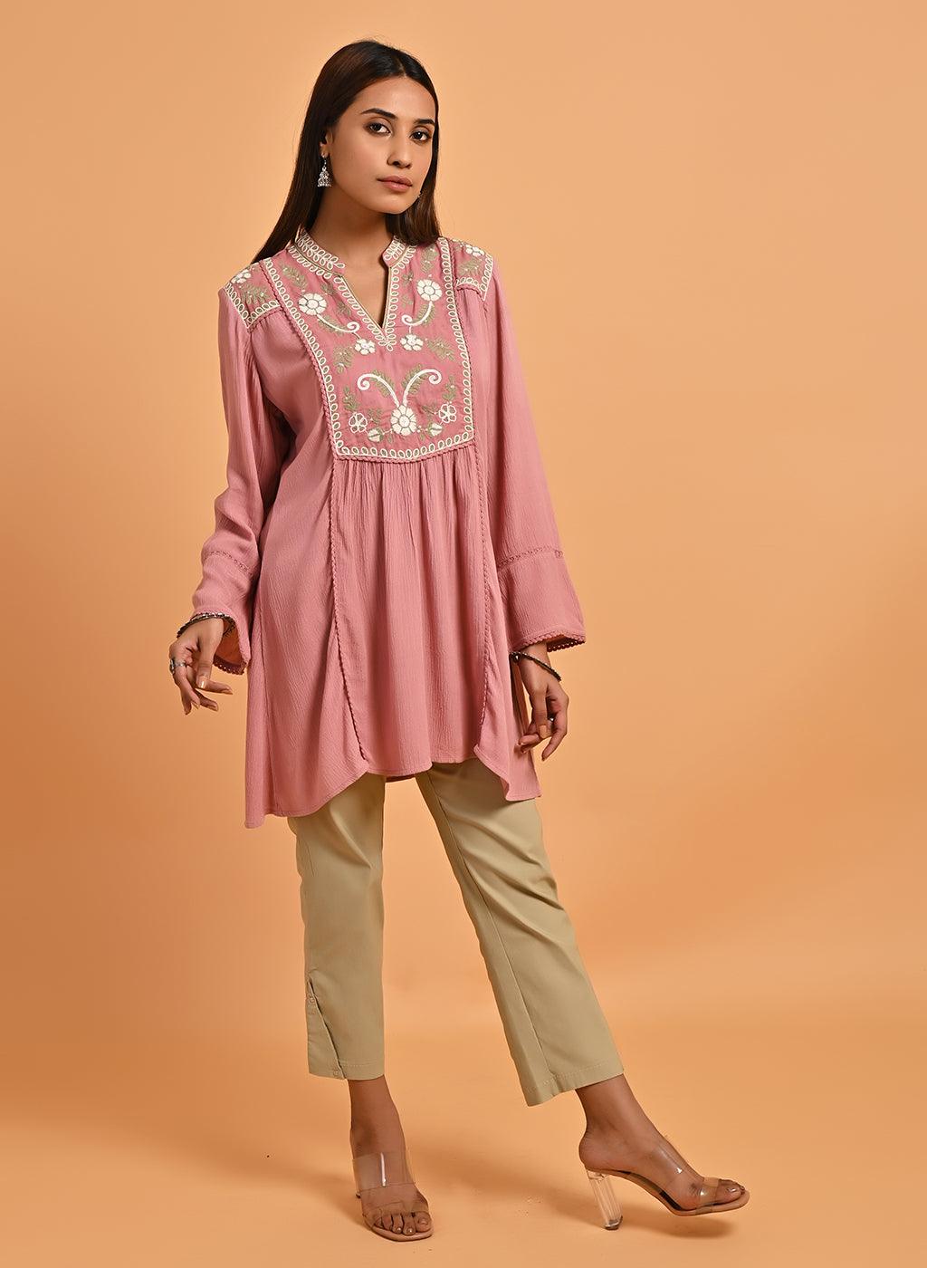 Pink Collared Tunic with Embroidery at Yoke - Lakshita