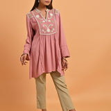 Pink Collared Tunic with Embroidery at Yoke - Lakshita