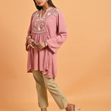 Pink Collared Tunic with Embroidery at Yoke - Lakshita