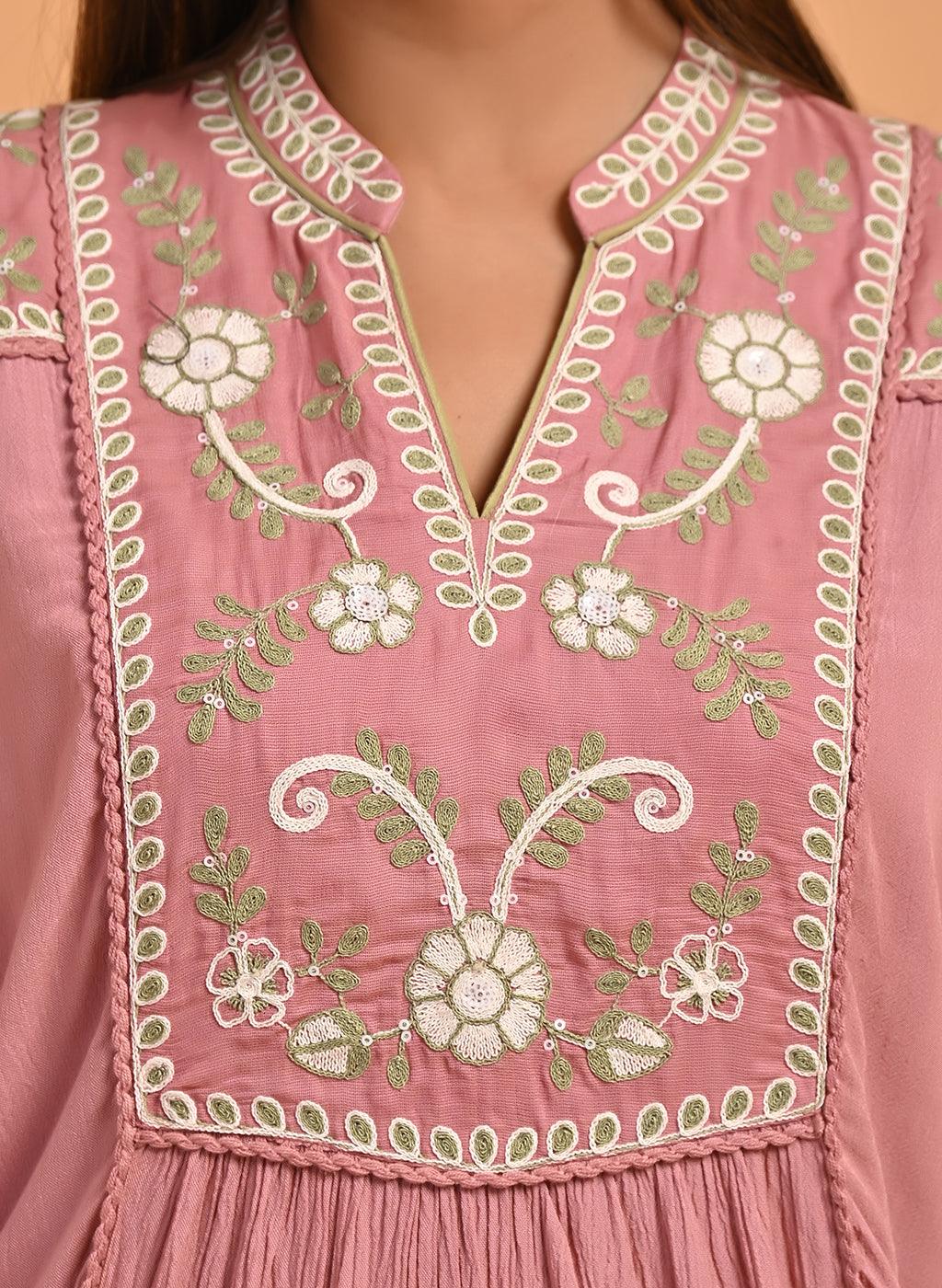 Pink Collared Tunic with Embroidery at Yoke - Lakshita