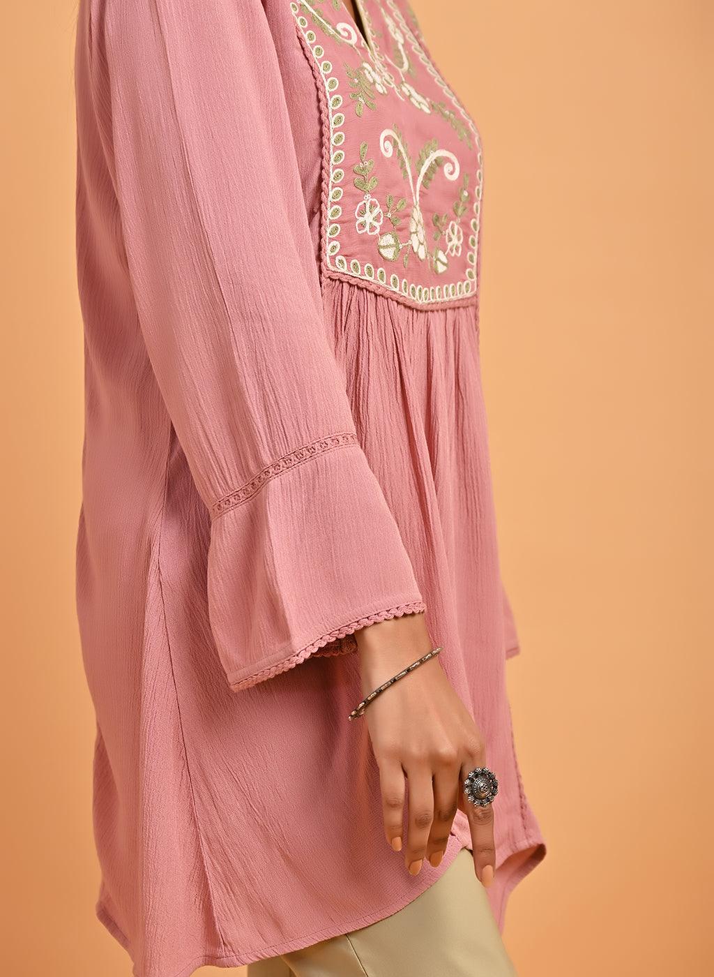 Pink Collared Tunic with Embroidery at Yoke - Lakshita