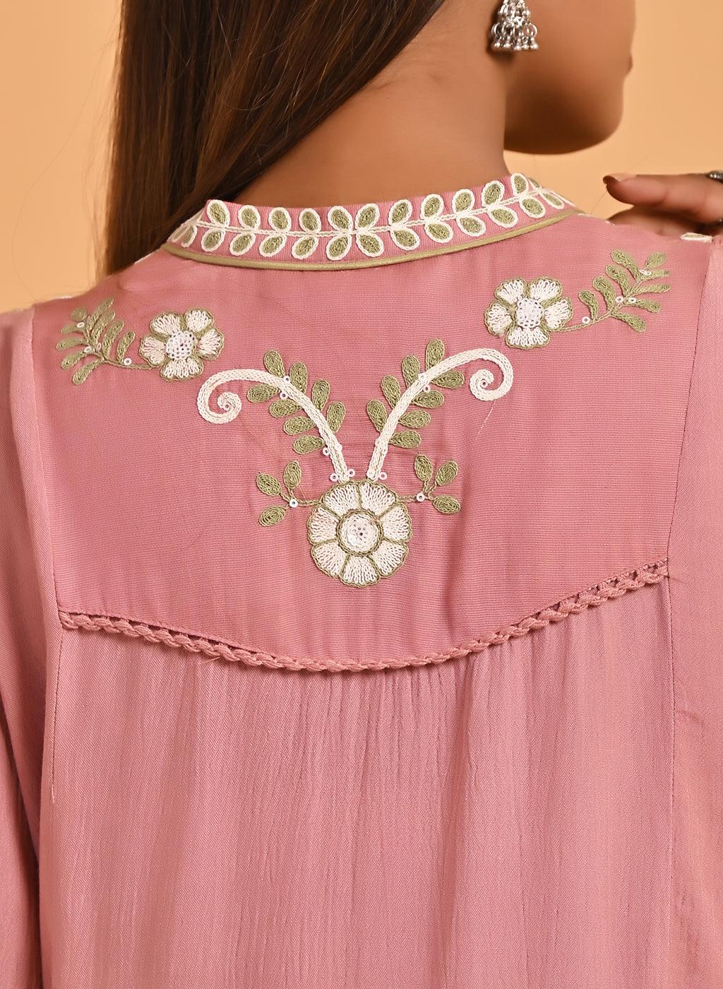 Pink Collared Tunic with Embroidery at Yoke - Lakshita