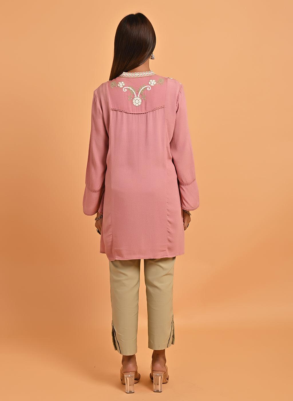 Pink Collared Tunic with Embroidery at Yoke - Lakshita