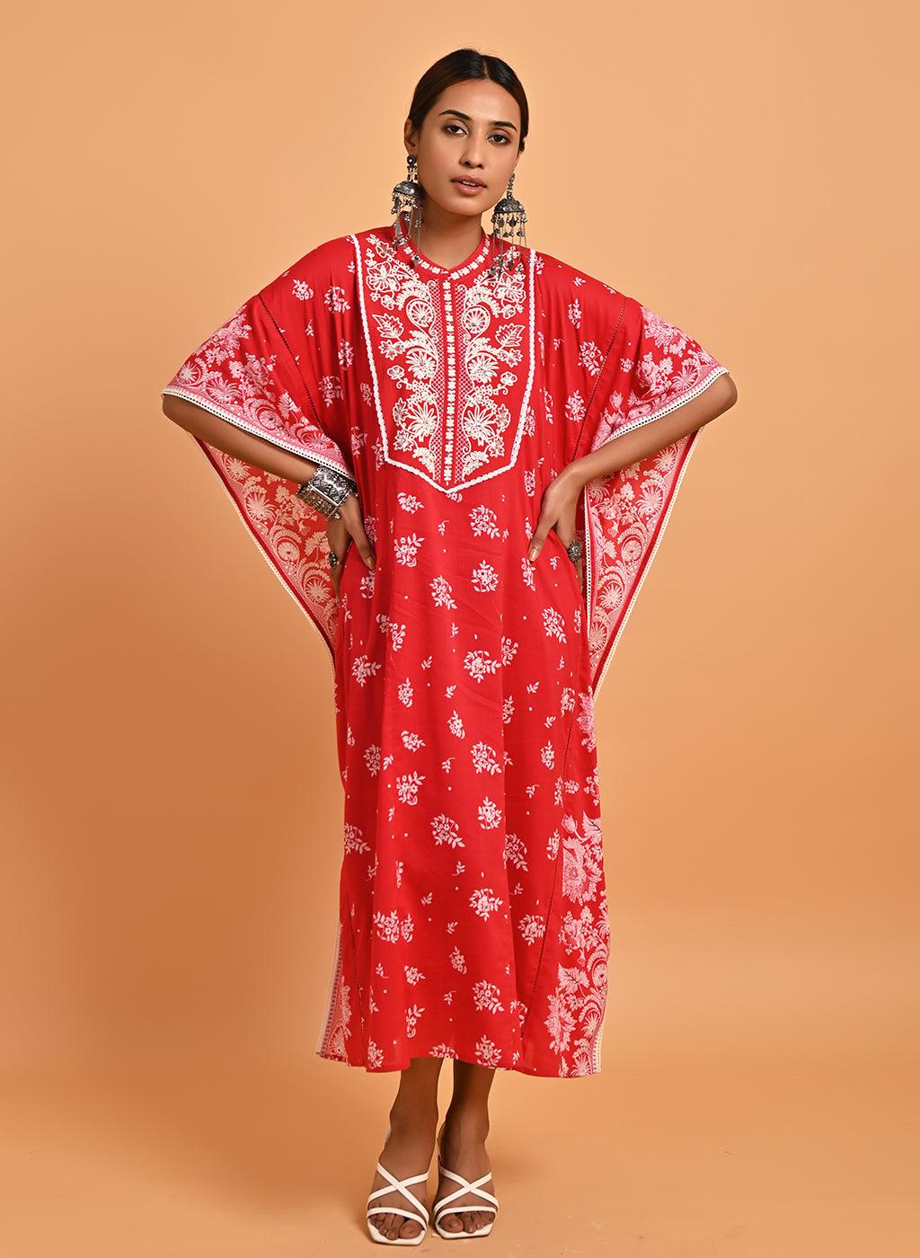 Red Cotton Printed Kaftan Kurta with Embroidery - Lakshita