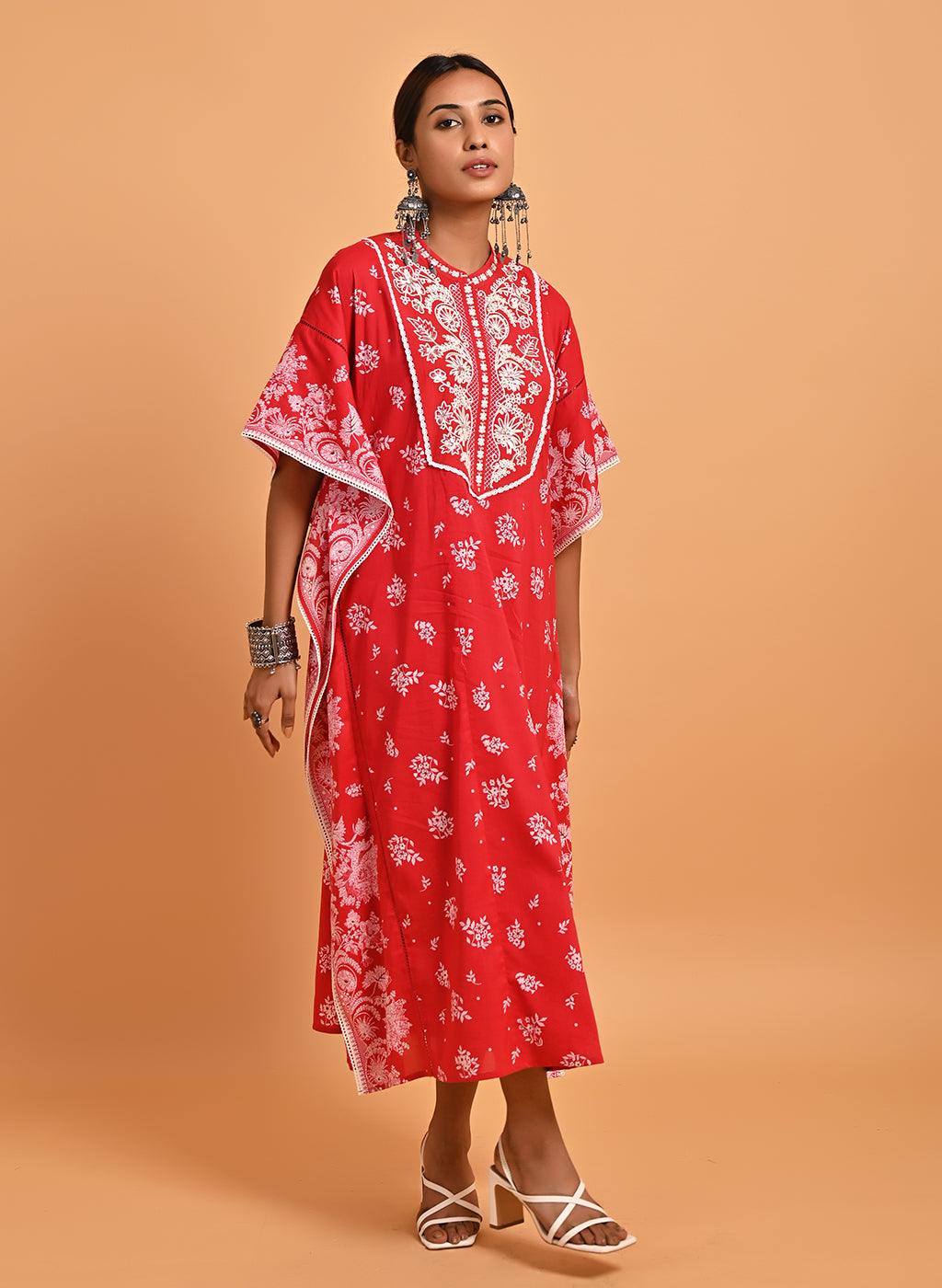 Red Cotton Printed Kaftan Kurta with Embroidery - Lakshita