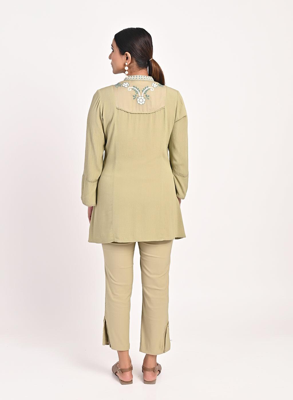 Sage Green Collared Tunic with Embroidery at Yoke - Lakshita