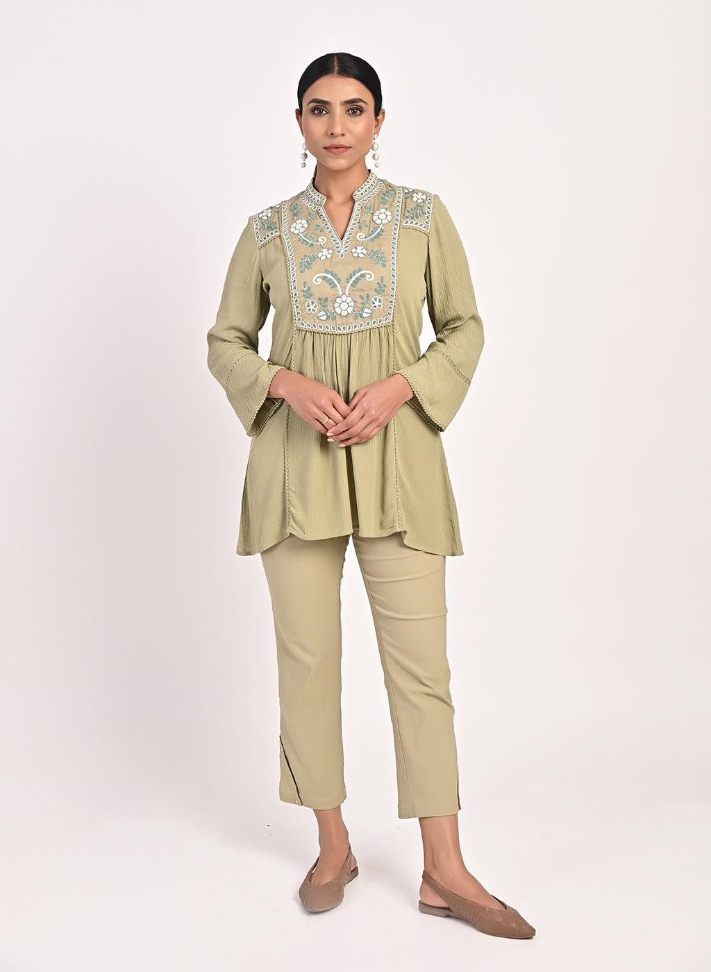 Sage Green Collared Tunic with Embroidery at Yoke - Lakshita