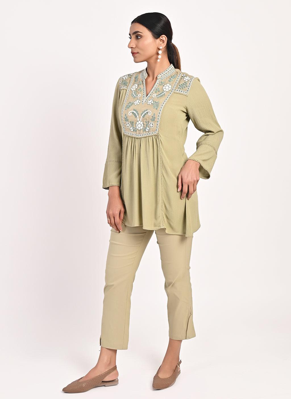 Sage Green Collared Tunic with Embroidery at Yoke - Lakshita