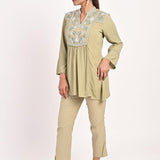 Sage Green Collared Tunic with Embroidery at Yoke - Lakshita