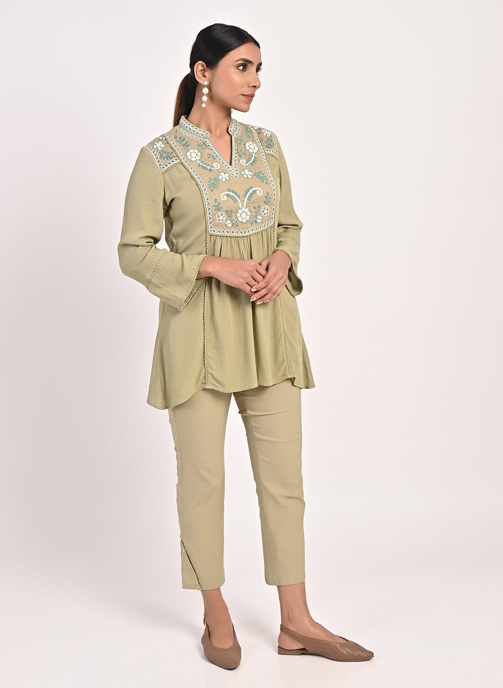 Sage Green Collared Tunic with Embroidery at Yoke - Lakshita