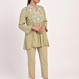 Sage Green Collared Tunic with Embroidery at Yoke - Lakshita