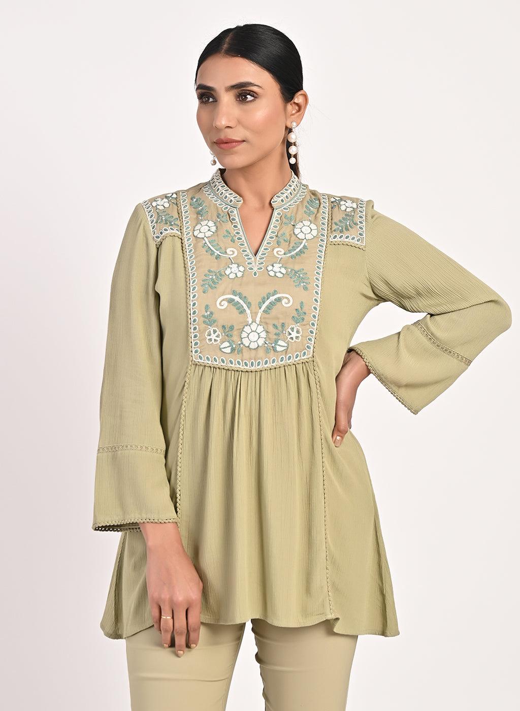 Sage Green Collared Tunic with Embroidery at Yoke - Lakshita