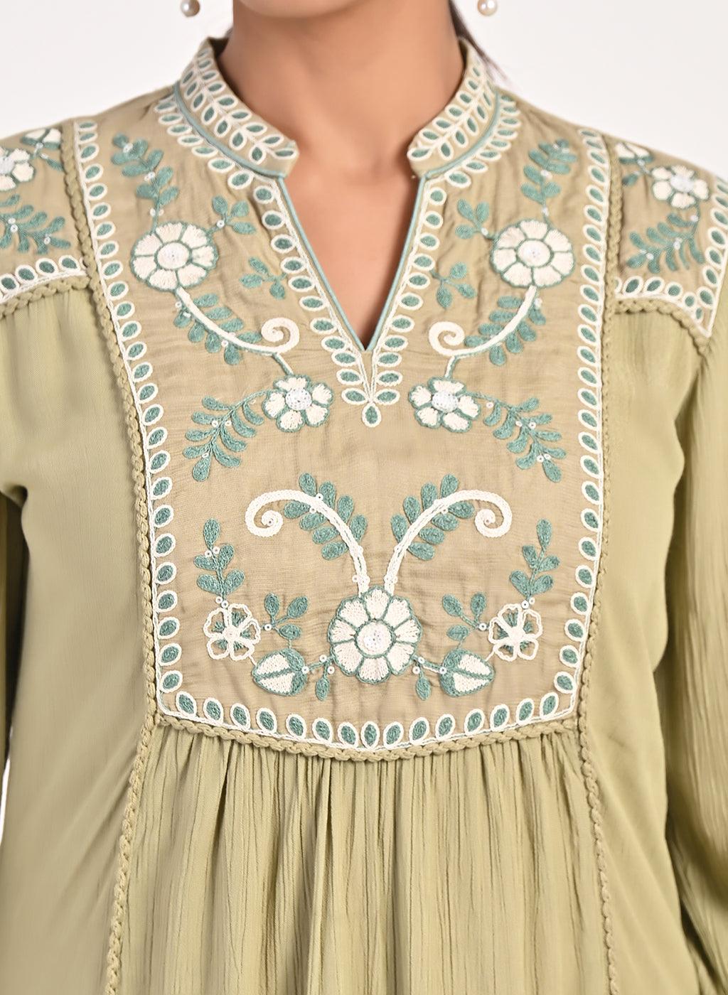 Sage Green Collared Tunic with Embroidery at Yoke - Lakshita