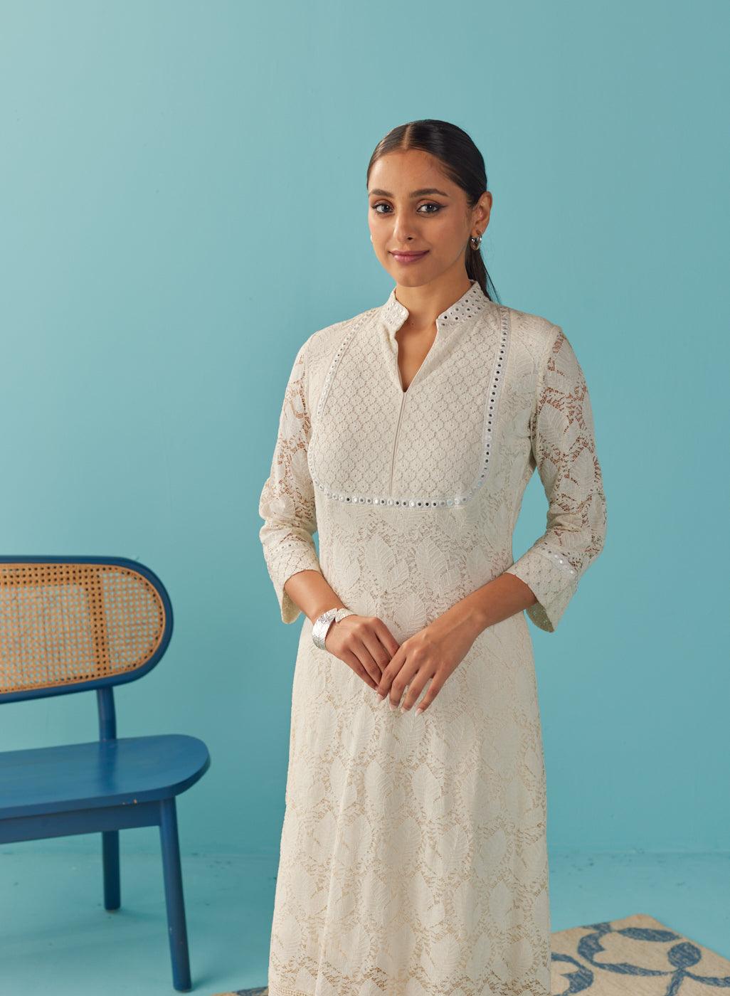 Mirror Work Ivory Kurta with Floral Motifs - Lakshita