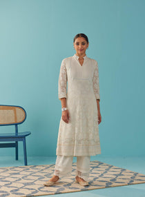 Mirror Work Ivory Kurta with Floral Motifs - Lakshita