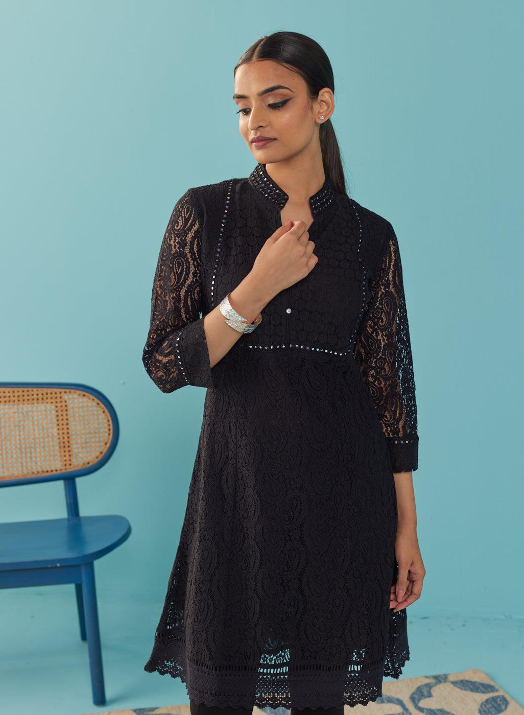 Mirror Work Black Kurta with Floral Motifs - Lakshita