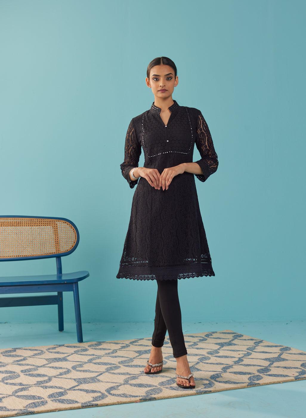 Mirror Work Black Kurta with Floral Motifs - Lakshita