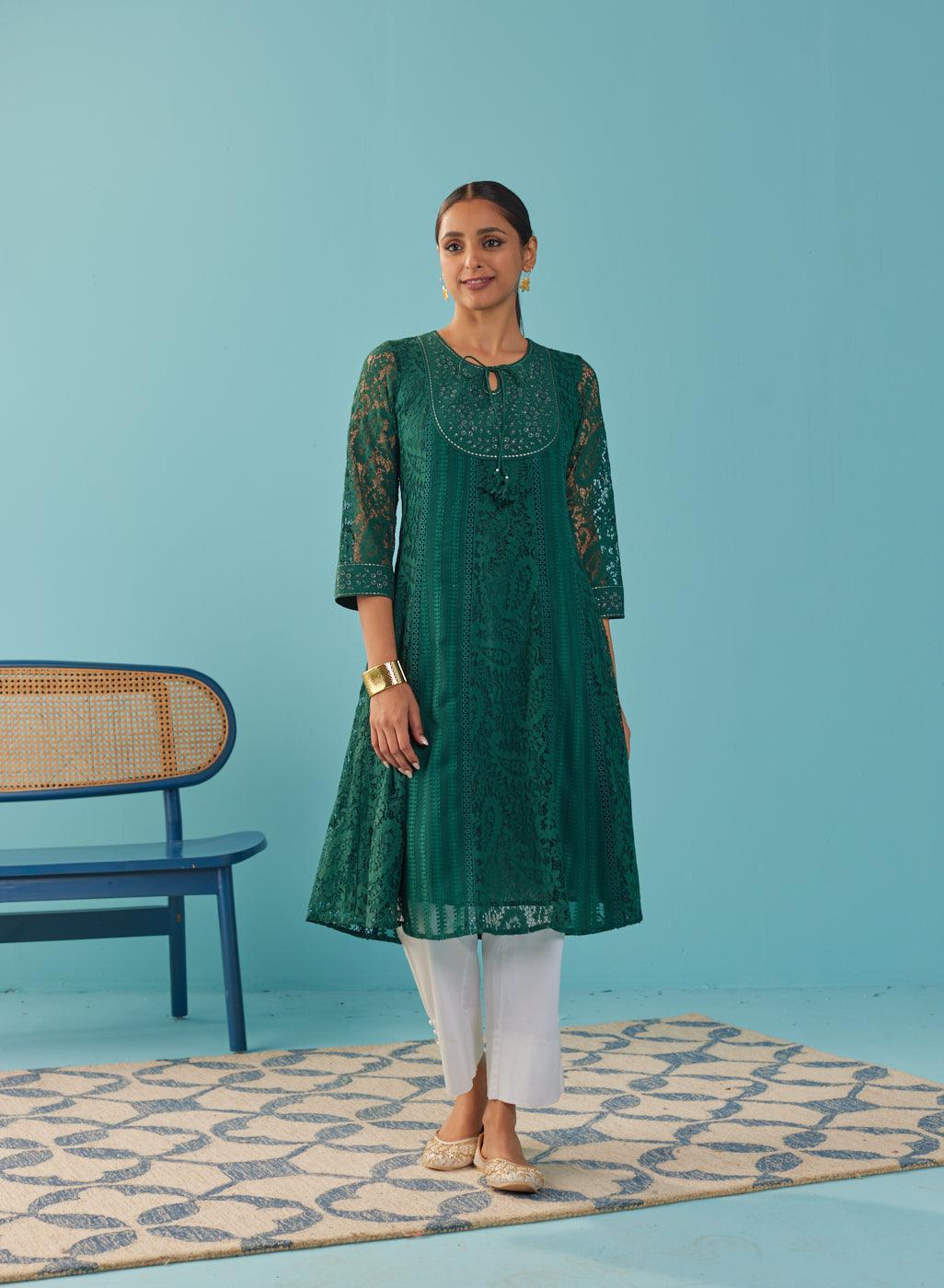 Green A Line Kalidaar Rachel Dress with Tassels - Lakshita