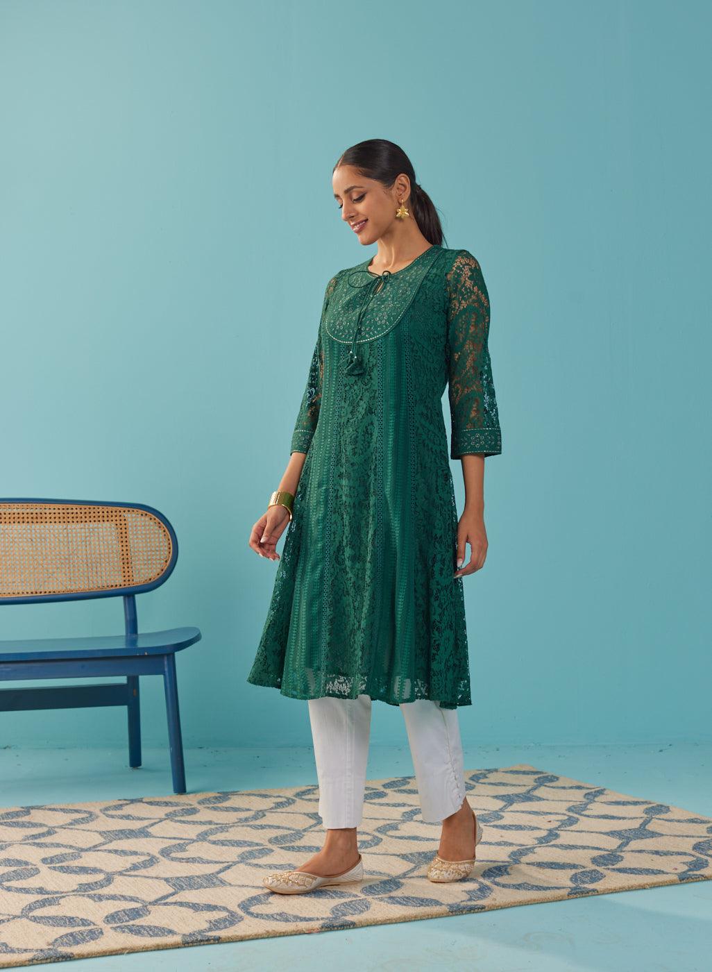 Green A Line Kalidaar Rachel Dress with Tassels - Lakshita